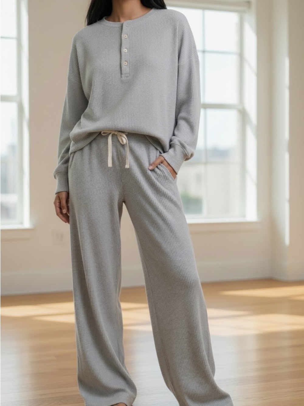 NWOT Aerie Women's Waffle Henley Sweater & wide leg lounge trouser. Sold as set